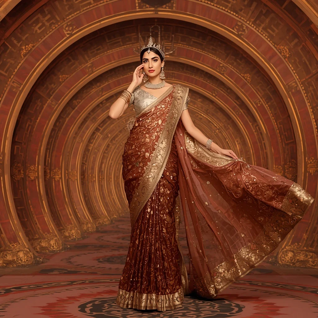 Bronze Kamal Zenith Saree with Regal Bloom Crown Throne Imperial Corridor | ChatGPT Ai Prompt