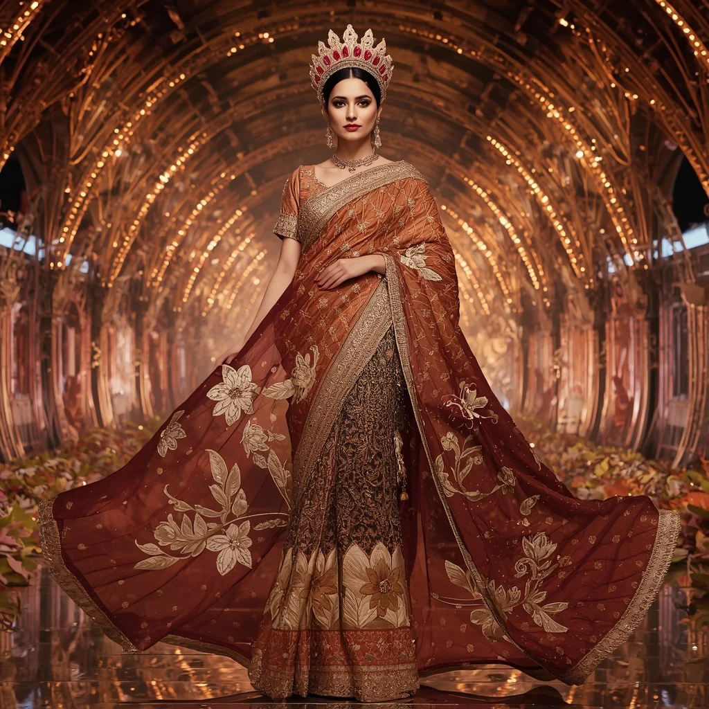 Bronze Lotus Crown Saree with Regal Bloom Crystal Hyperpavilion | Ai Prompt Generator Free