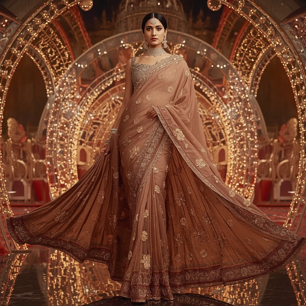 Bronze Lotus Imperial Saree with Regal Bloom Crystal Hyperpavilion | Prompt For Gemini AI Girl Style Trending Indian