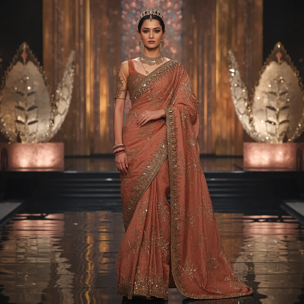 Bronze Lotus Sovereign Saree with Crystal Bloom Palaces and Fountain Crown Empire | Female Model Ai Prompt