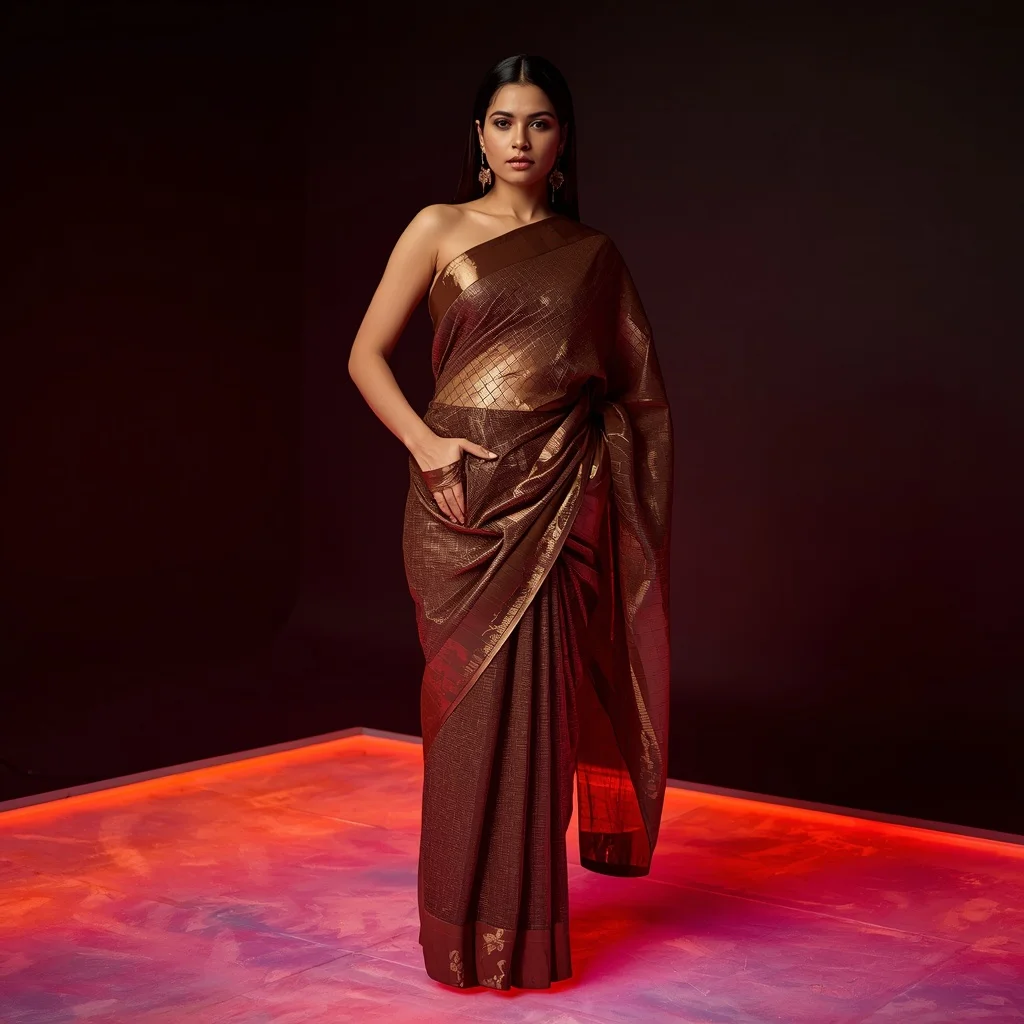 Bronze Metallic Mesh Saree – Hands-in-Pockets Pose with Glowing Neon Floor | Prompt Seen Girl Kurti