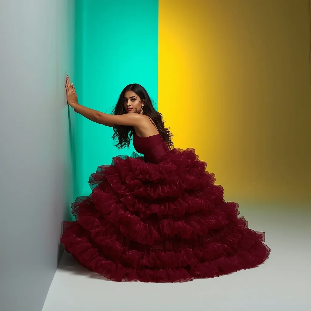 Burgundy Micro-Ruffle Saree – Wall Slide Pose with Split Teal and Yellow Light | Ultra Realistic Ai Prompt