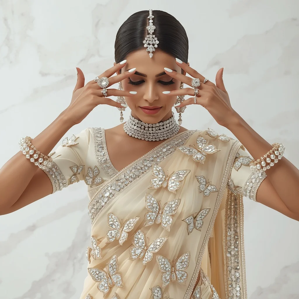 Buttercream 3D Butterfly Rhinestone Saree | Poised Hands Framing Face Pose | Desi Girl Ai Prompt