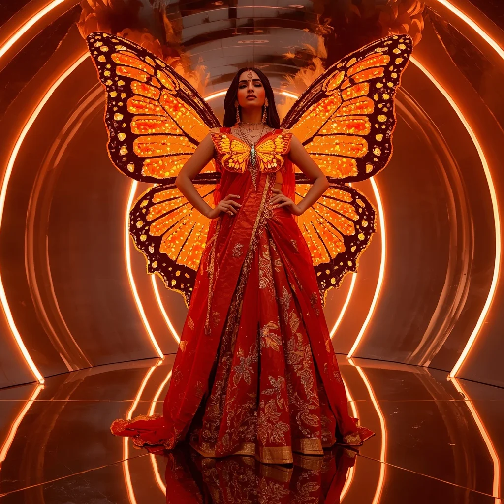 Butterfly Flame Couture Saree with Burning Neon Dome | Desi Girl Ai Prompt
