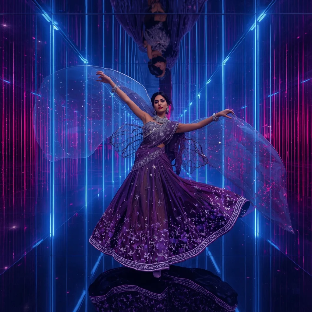 Butterfly Galaxy Saree with Infinity Mirror Architecture | Character Design Ai Prompt