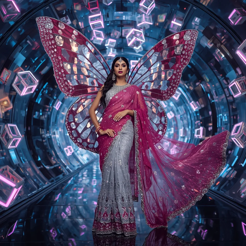 Butterfly Prism Royale Saree with Floating Neon Cubes | 3d Animation Ai Prompt
