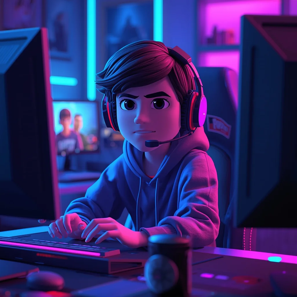 Cartoon Gamer Boy in Neon Gaming Room Setup (2026) | Ai Selfie Prompt