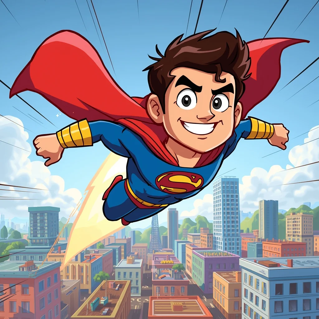 Cartoon Hero with Superpowers in Bright Comic City (2026) | Hd Image Prompt