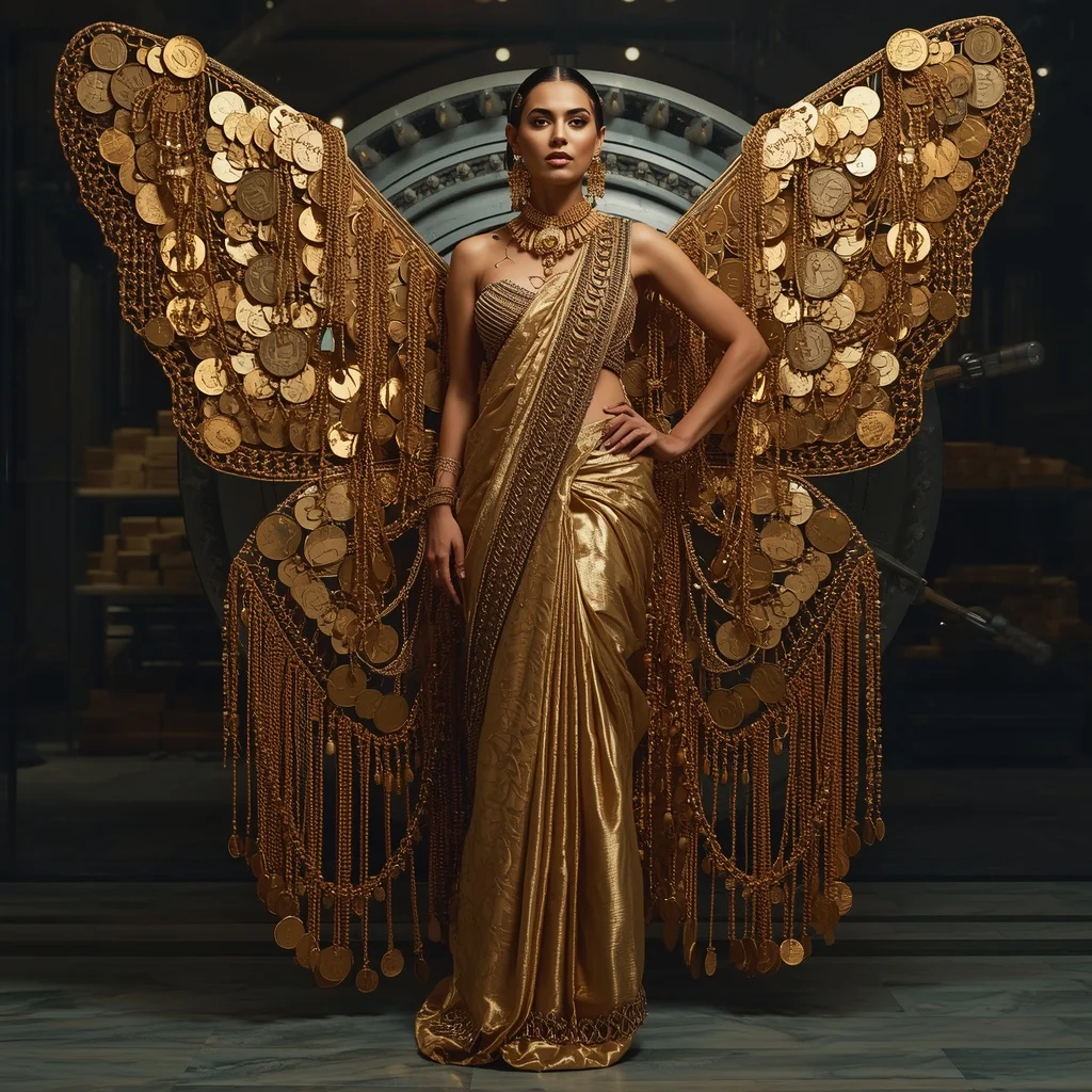 Cascading Gold Chain and Coin Butterfly Saree with Luxury Vault Background | Leonardo Ai Image Prompt