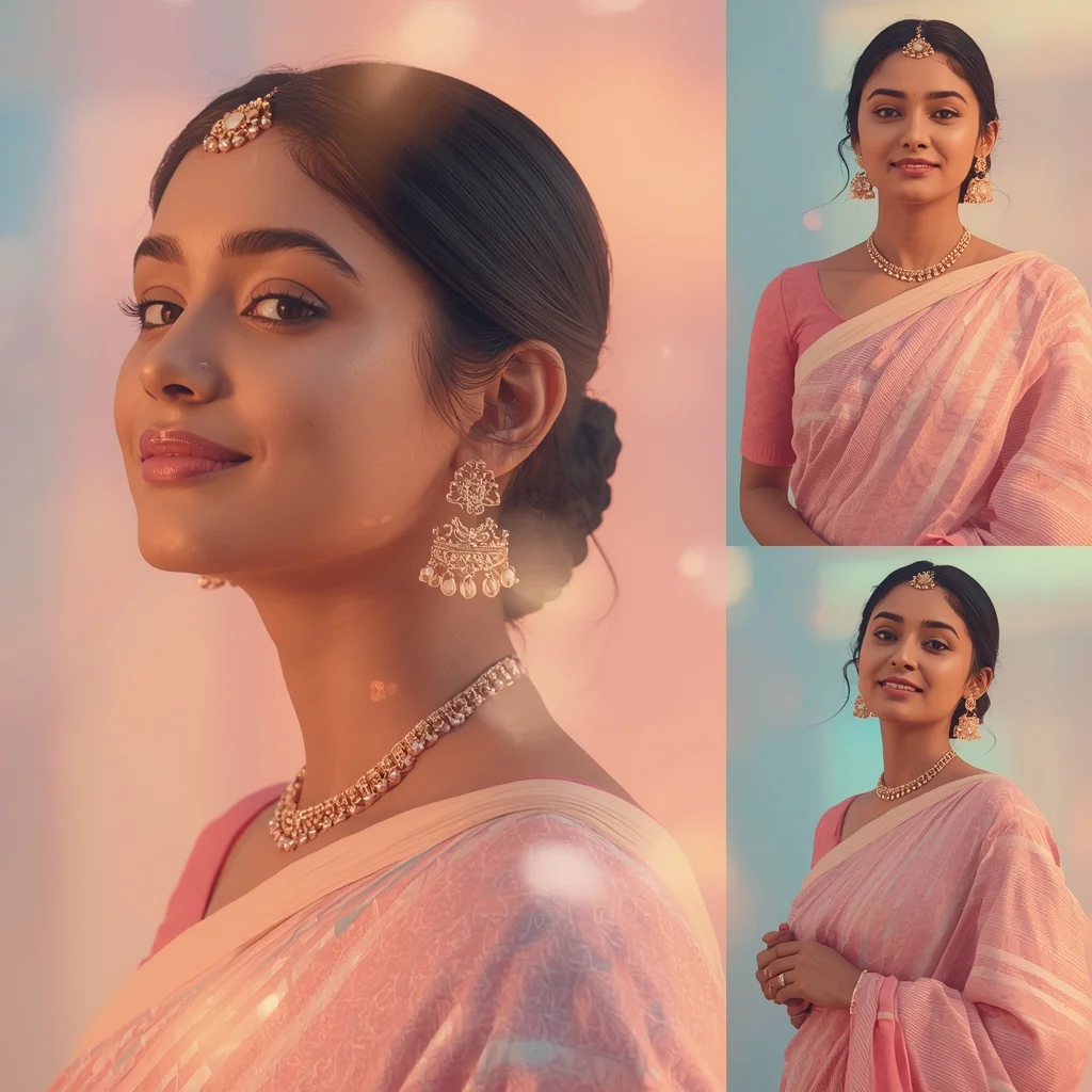 Cashmere Soft Radiance Pastel Saree Indian Woman Premium Collage | Ai New Prompt Free Download