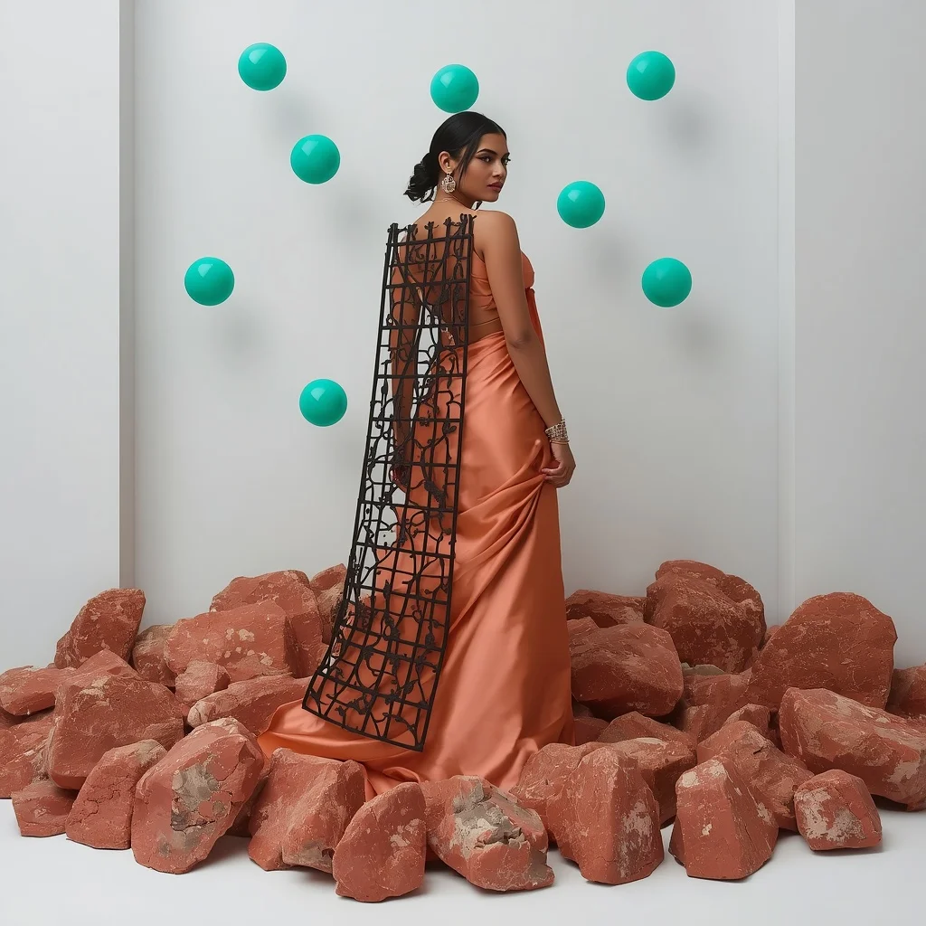 Cast-Iron Geometric Vine Grill & Dense Jasper Rock Formations Pastel Terracotta Saree | Back-Facing Shoulder Glare Pose | Prompt Seen Girl Photo Editing