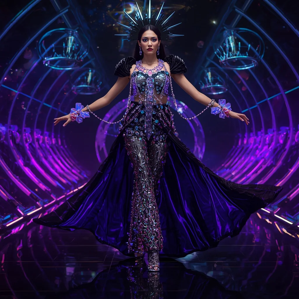 Celestial Abyss Prism Armor Saree with Floating Black Quantum Halo Crown Reactor | Sora Ai Prompt