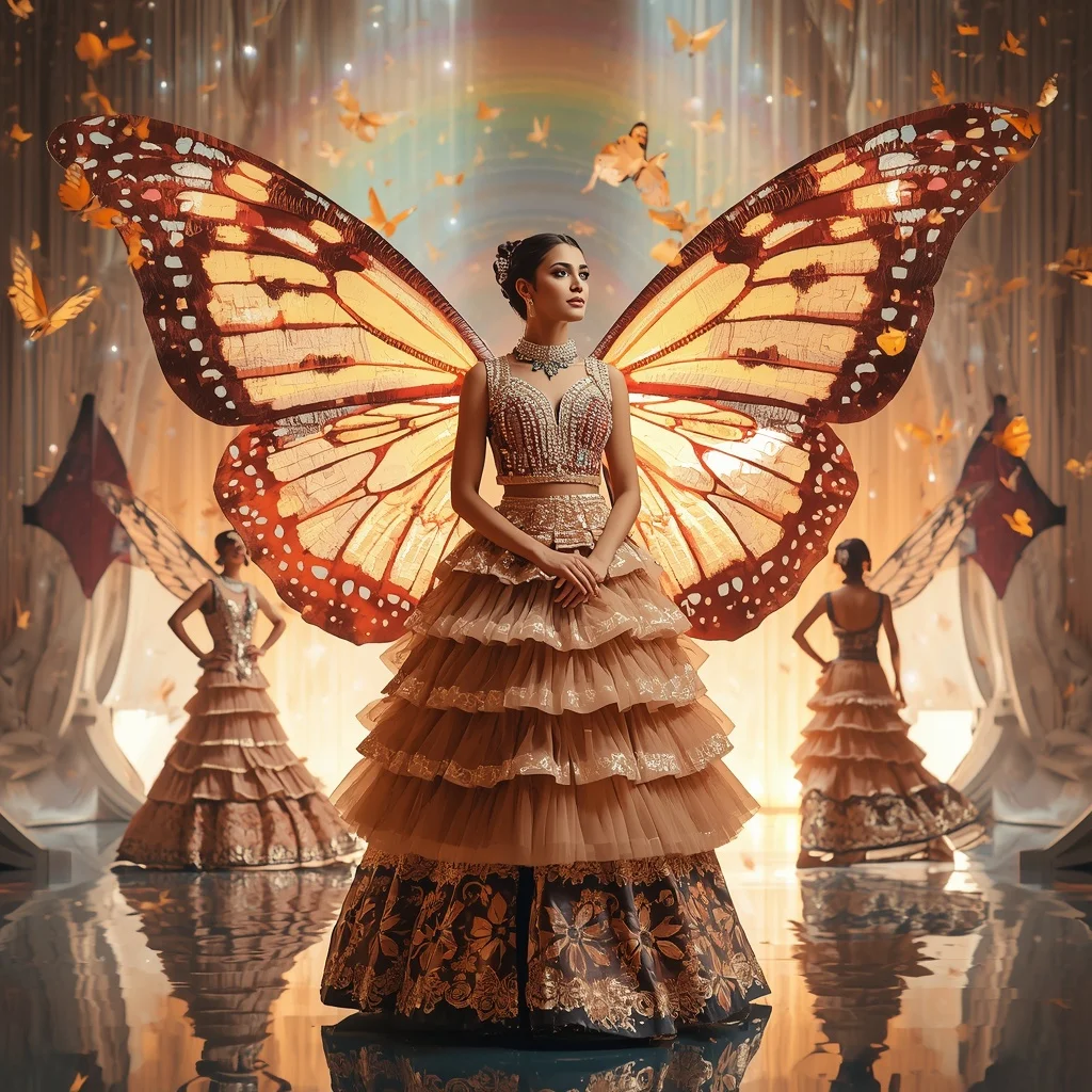 Celestial Butterfly Opera Queen Saree  Grand Multi-Pose Couture with Fantasy Royal Theatre Background | Ai Prompt Generator Free