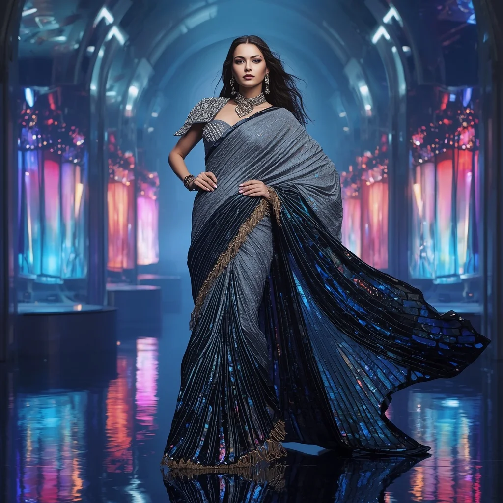 Celestial Chrome Storm Saree with Floating Neon Prism Thrones | New Instagram Trend Prompt For Girl Love