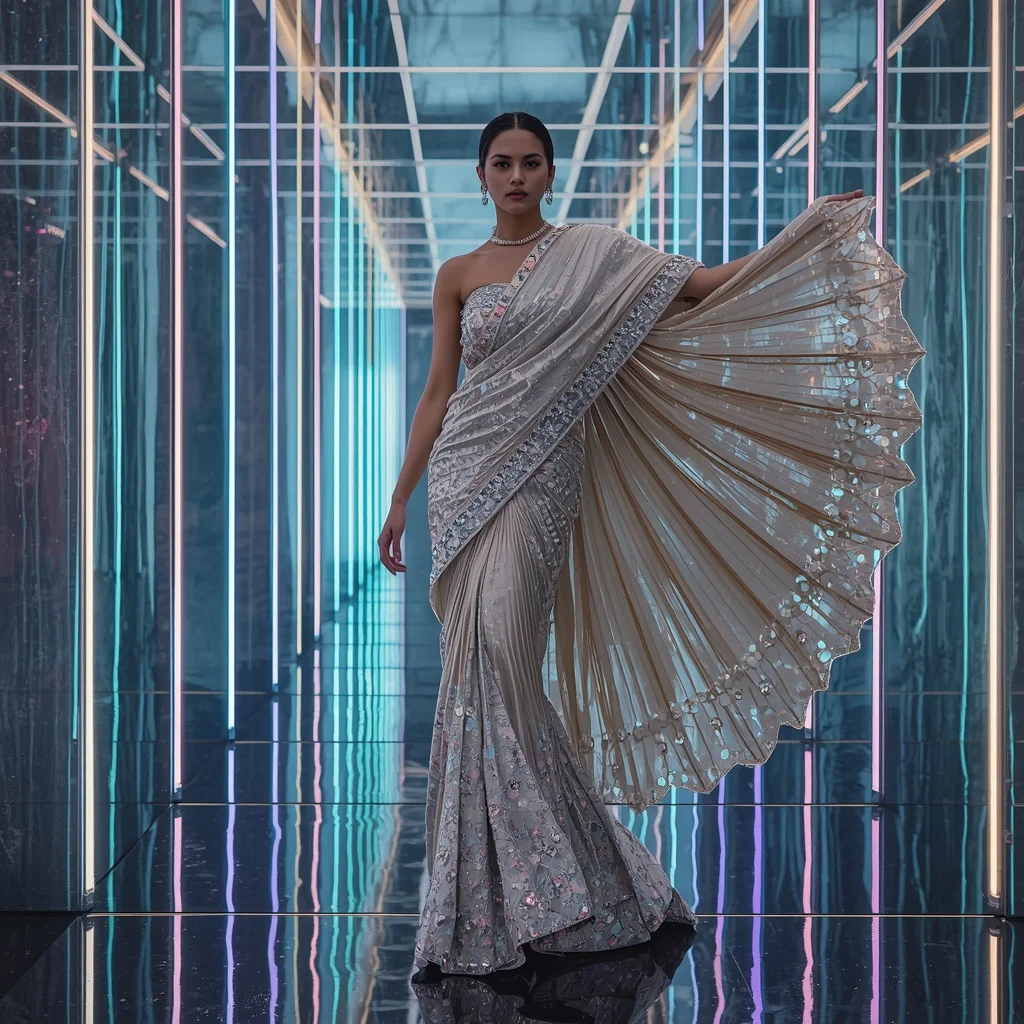Celestial Diamond Orbit Saree with Floating Neon Crystal Infinity Corridor | Realistic Ai Prompt