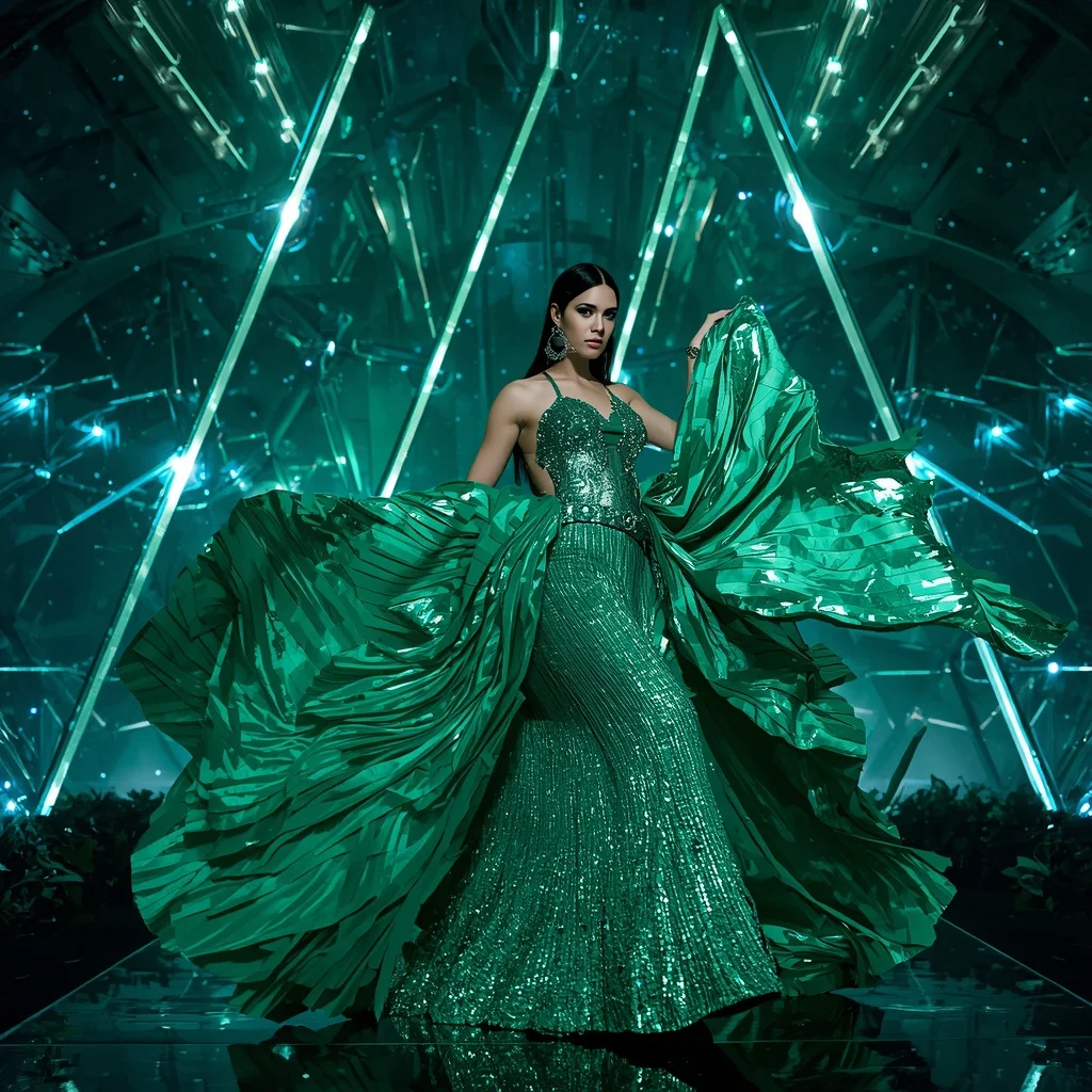 Celestial Emerald Mirage Saree with Floating Neon Infinity Crowns | South Indian Prompt For Gemini Girl Instagram