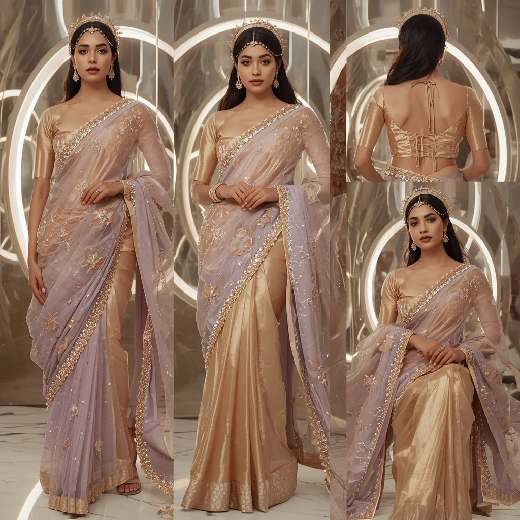 Celestial Glow Saree with Futuristic Halo Chamber | Ai Prompt