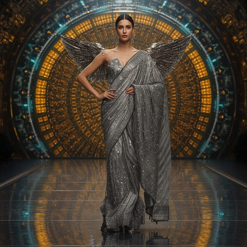 Celestial Hypernova Singularity Apex Armor Runway Saree with Quantum Hyperloop Sphere Engine Core Nexus Collapse Reactor Field System Dome | Instagram Aesthetic Ai Prompt