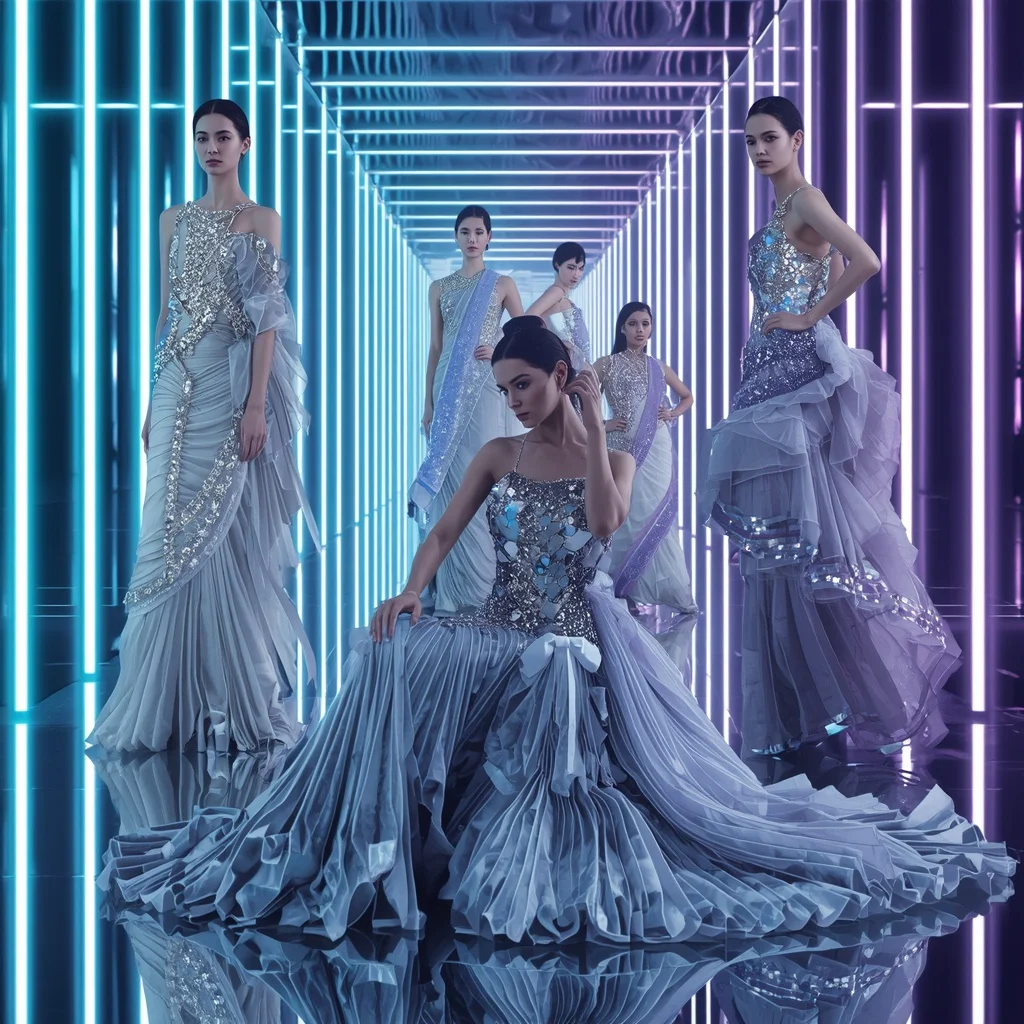 Celestial Ice Prism Saree with Neon Aurora Hall | Stable Diffusion Prompt