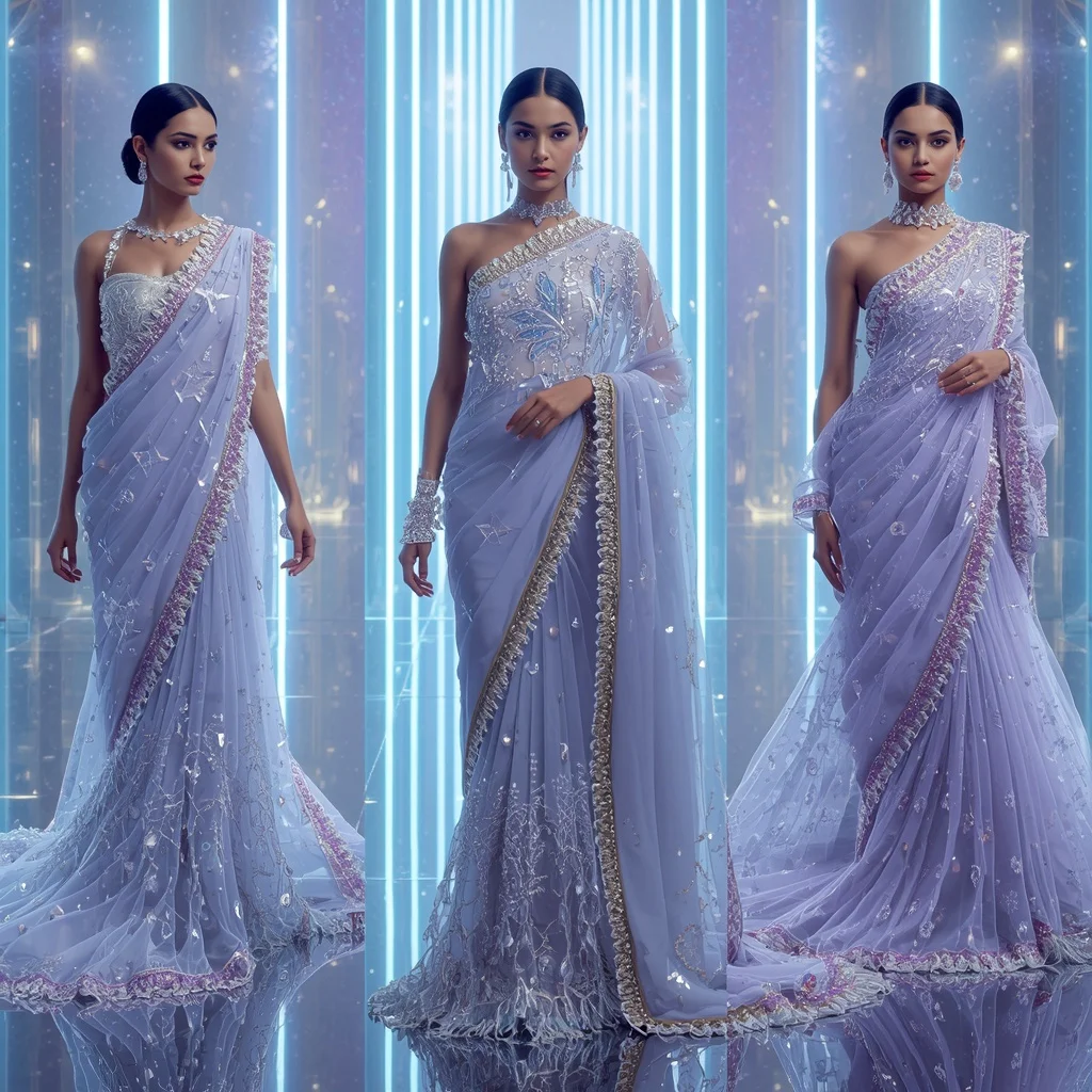 Celestial Ice Prism Saree with Neon Aurora Infinity Citadel | New Design Ai Prompt