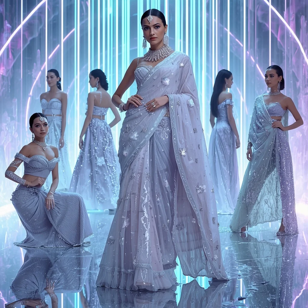 Celestial Ice Prism Saree with Neon Aurora Infinity Crystal Sanctuary | Trending Prompts For Instagram For Girl
