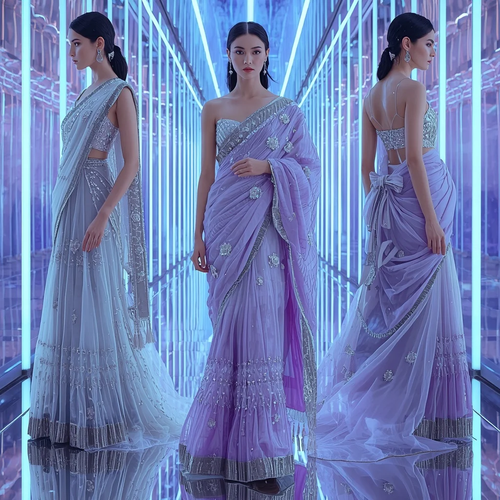 Celestial Ice Prism Saree with Neon Aurora Infinity Palace | Gemini Ai Photo