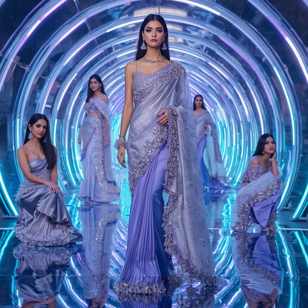Celestial Ice Prism Saree with Neon Aurora Infinity Tunnel | Female Model Ai Prompt