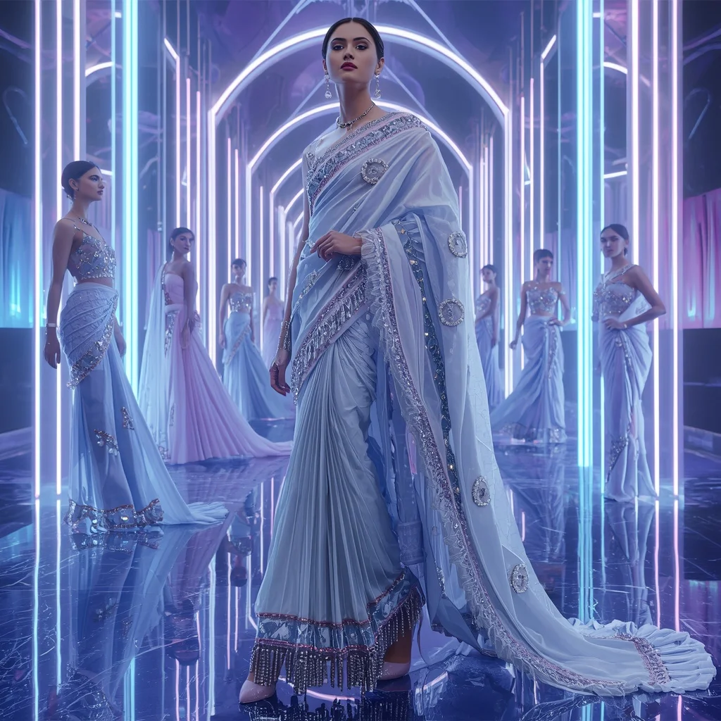 Celestial Ice Prism Saree with Neon Aurora Orbit Temple | Prompt Seen Trending Girl 2026 Butterfly