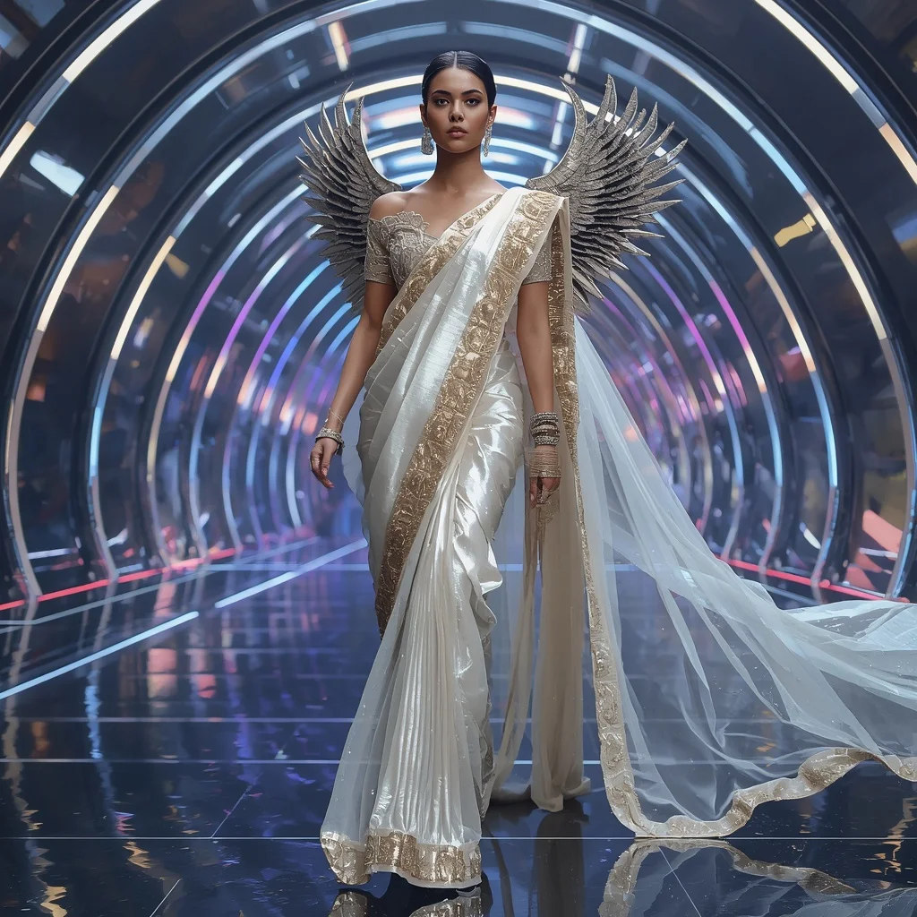 Celestial Ivory Thunder Saree with Quantum Arc Cathedral | Trending Desi Girl Ai Prompt 2026