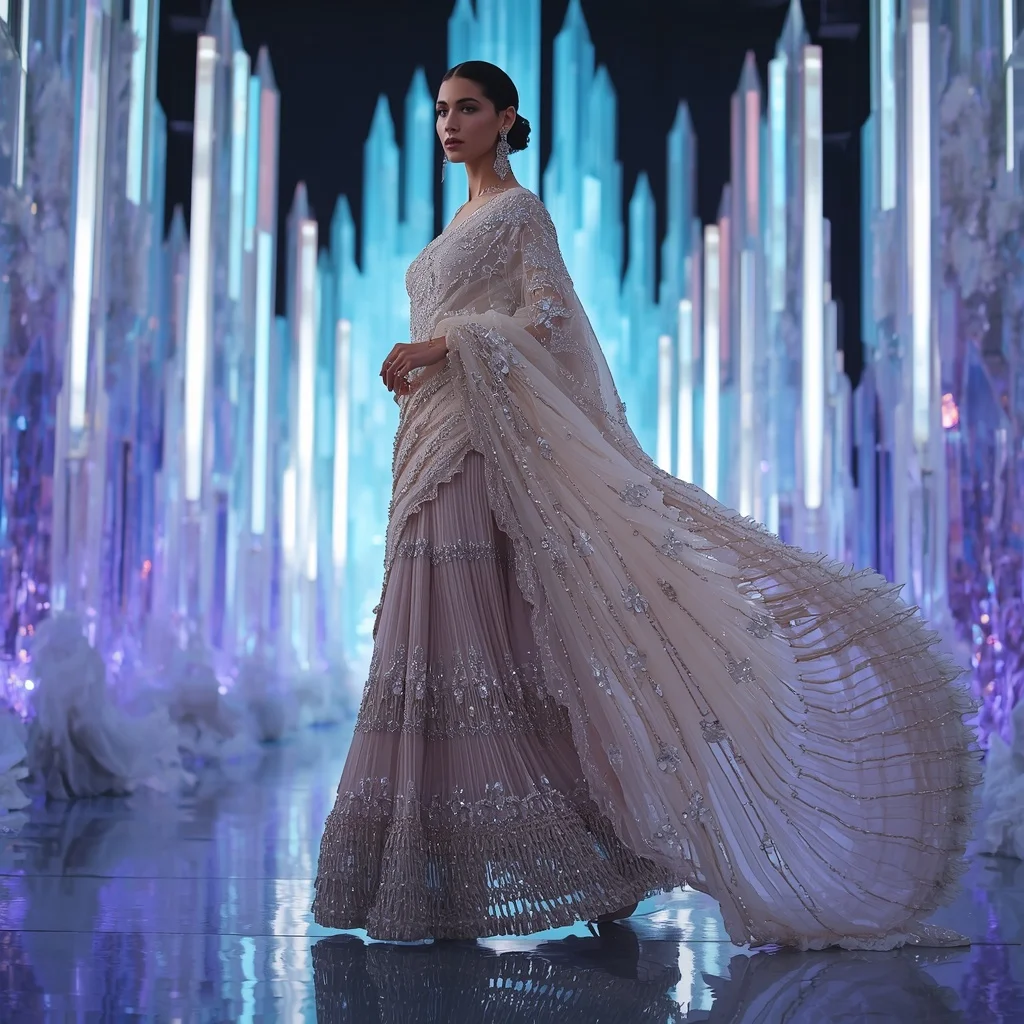 Celestial Moonstone Flame Saree with Infinity Neon Crystal Fortress | ChatGPT Photo Editing Prompts Trending Instagram For Girl