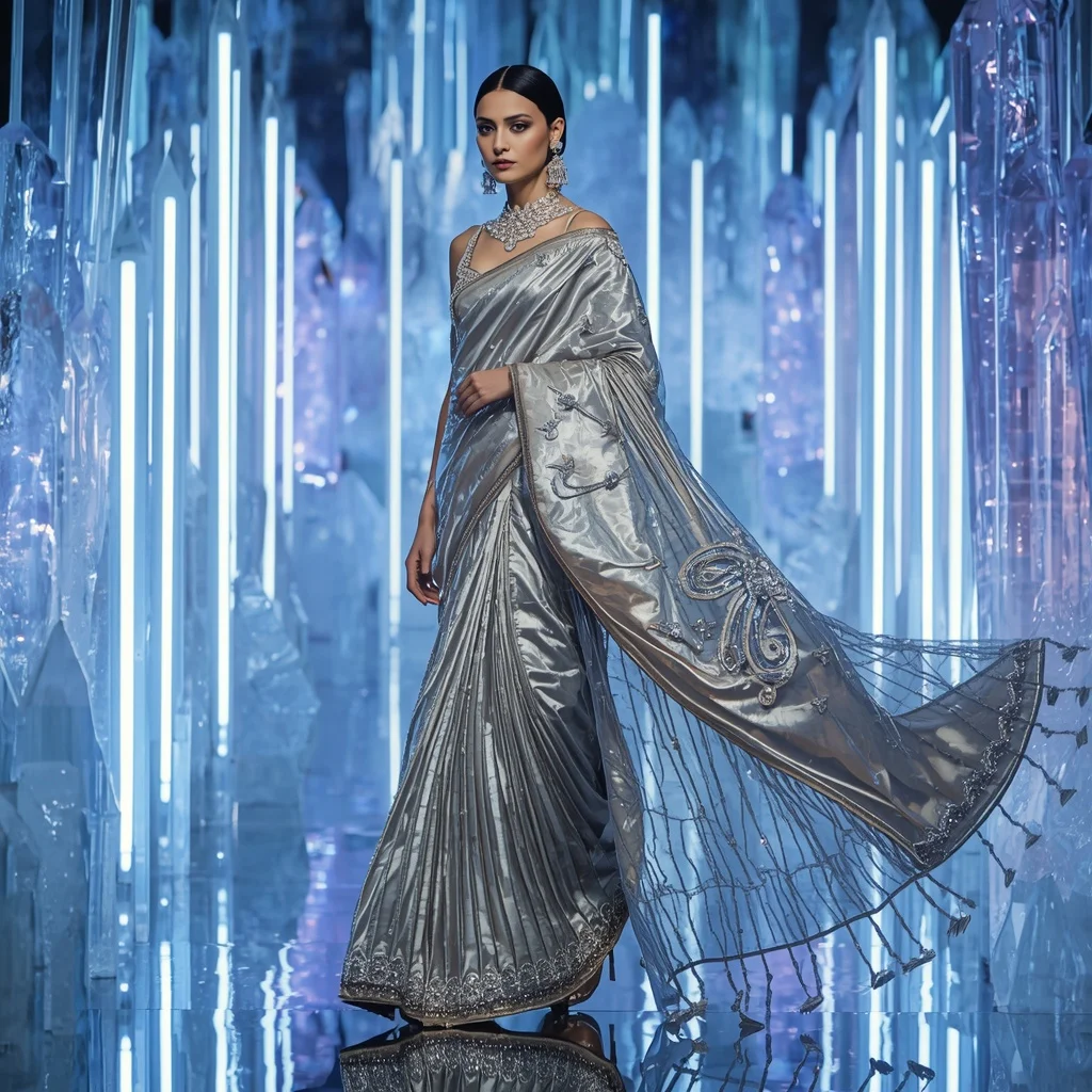 Celestial Moonstone Prism Saree with Infinity Crystal Kingdom | Gemini Prompt