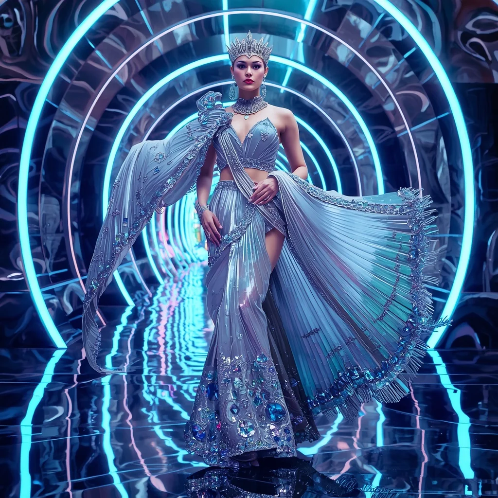 Celestial Prism Queen Saree with Floating Neon Infinity Temple | New Instagram Trend Prompt For Girl And Boy