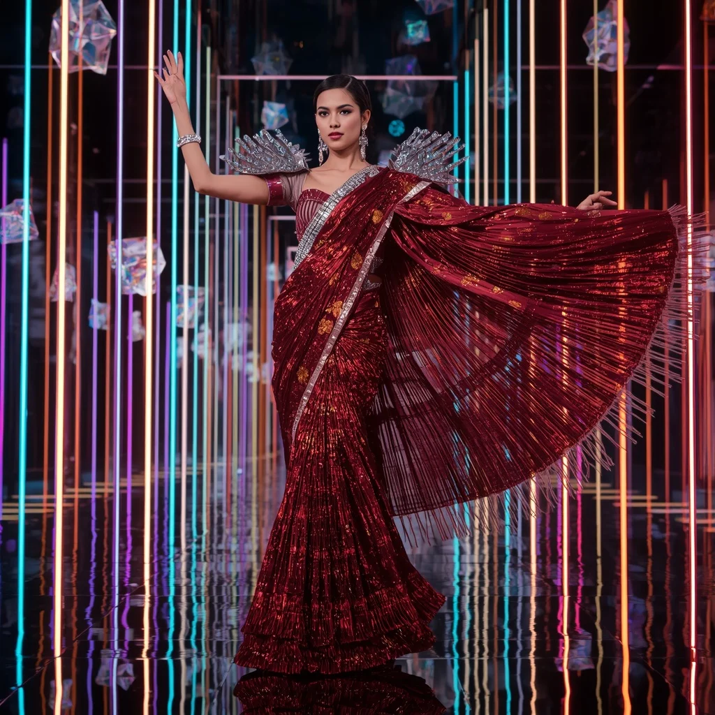 Celestial Ruby Empress Saree with Floating Neon Prism Gateway | Gemini Ai Photo Prompt