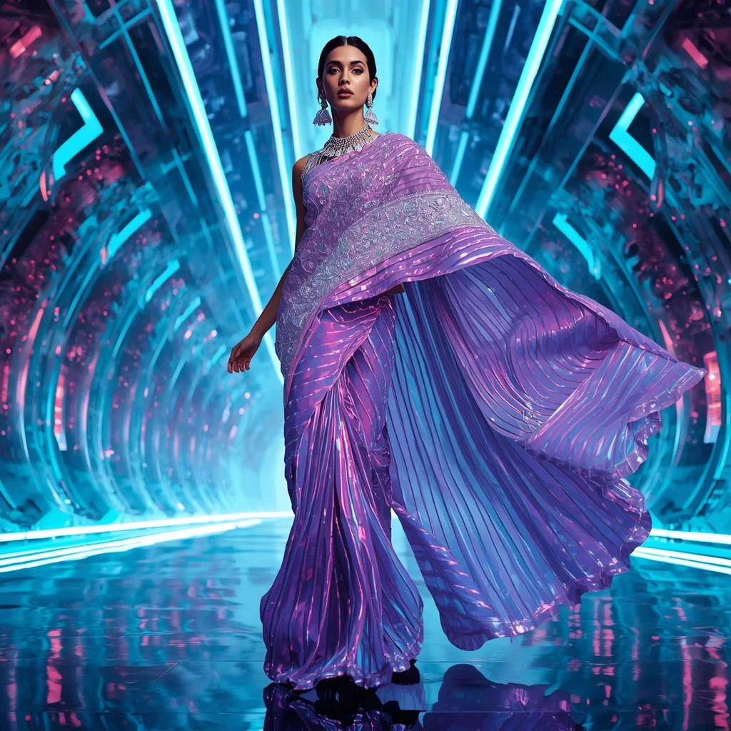 Celestial Thunder Mirage Saree with Futuristic Aurora Citadel | New Design Ai Prompt