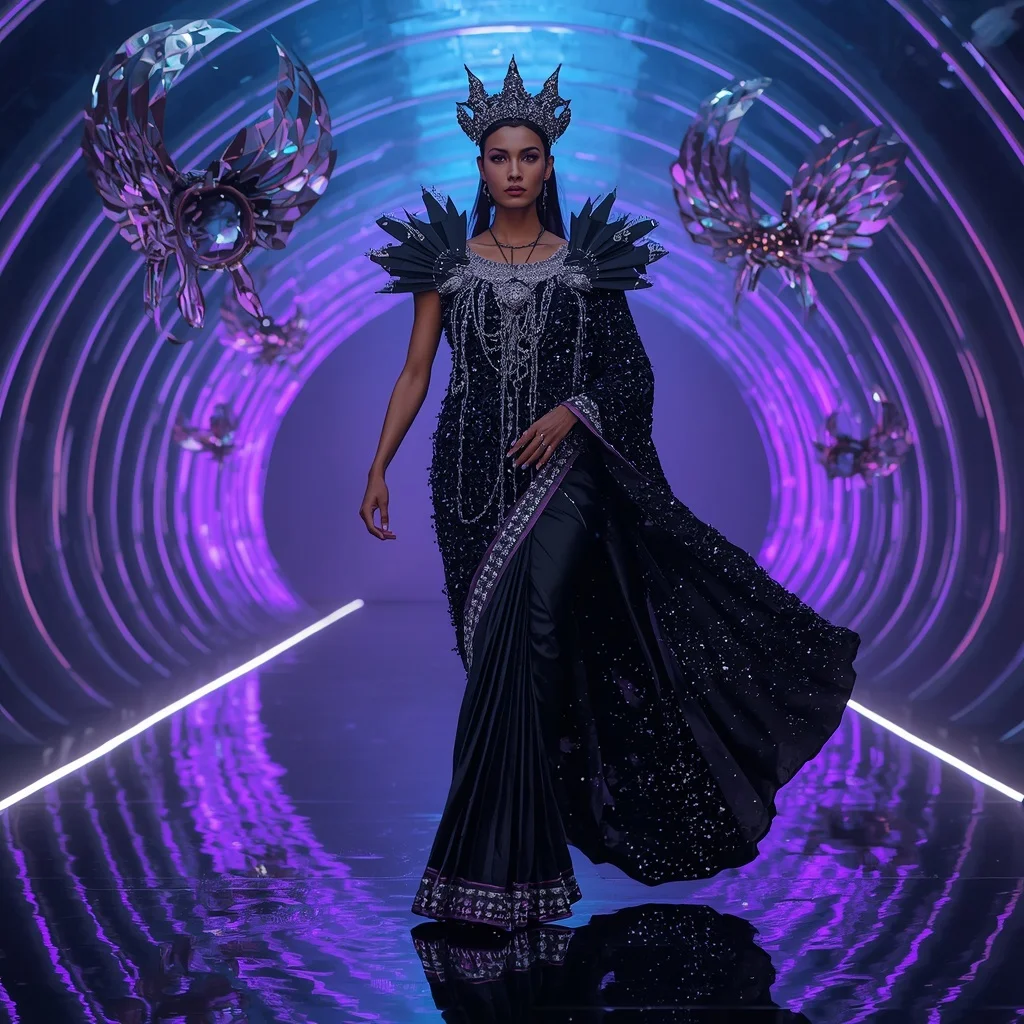 Celestial Void Singularity Armor Saree with Floating Quantum Black Prism Web Nexus Crown | Cute Ai Prompt