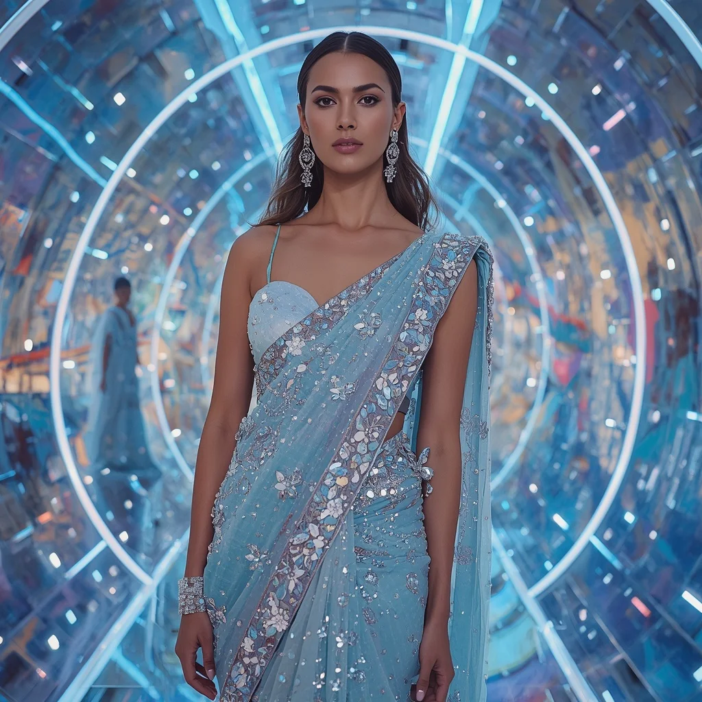 Celestial Wave Festival Saree with Curved Hologram Hall | Ai Gemini Prompt