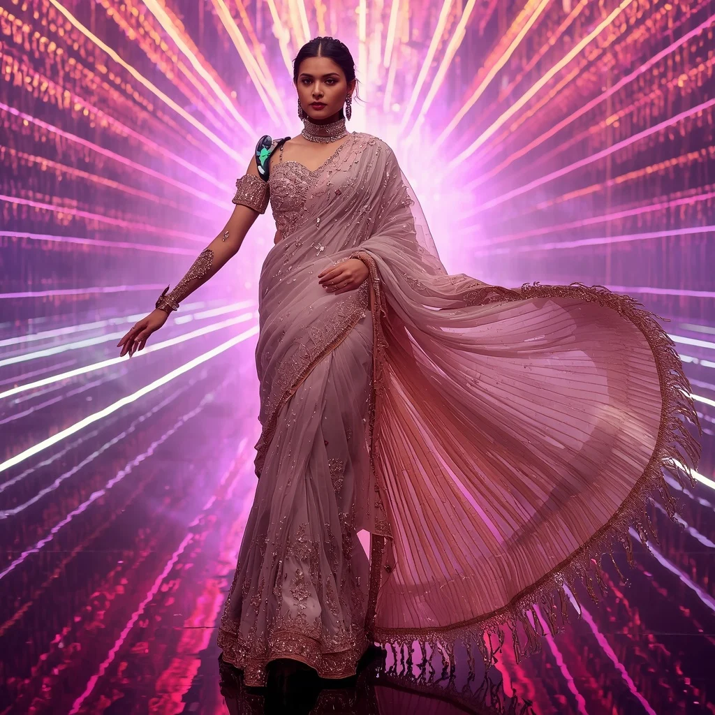 Champagne Aurora Crystal Saree with Floating Laser Infinity Kingdom | Ai Gemini Prompt