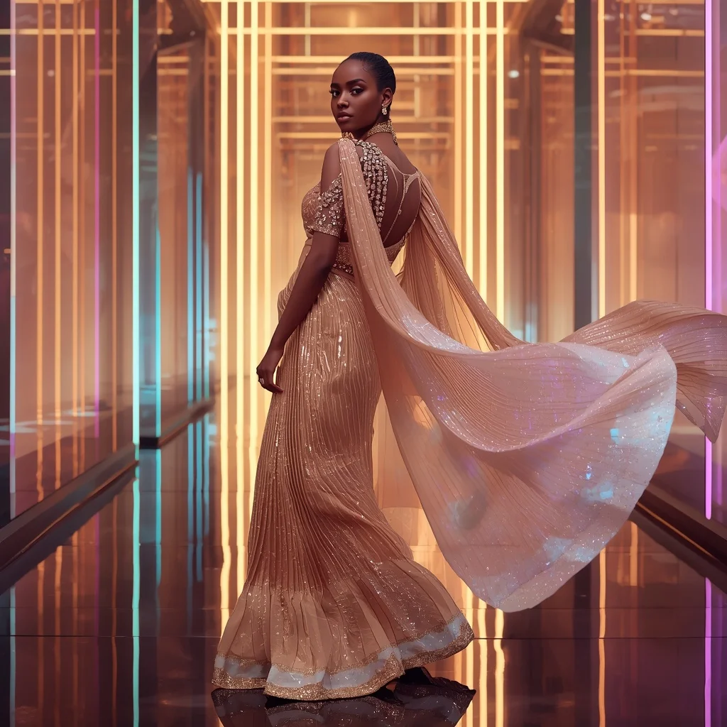 Champagne Aurora Crystal Saree with Floating Prism Temple | Saree Prompt For Gemini Ai