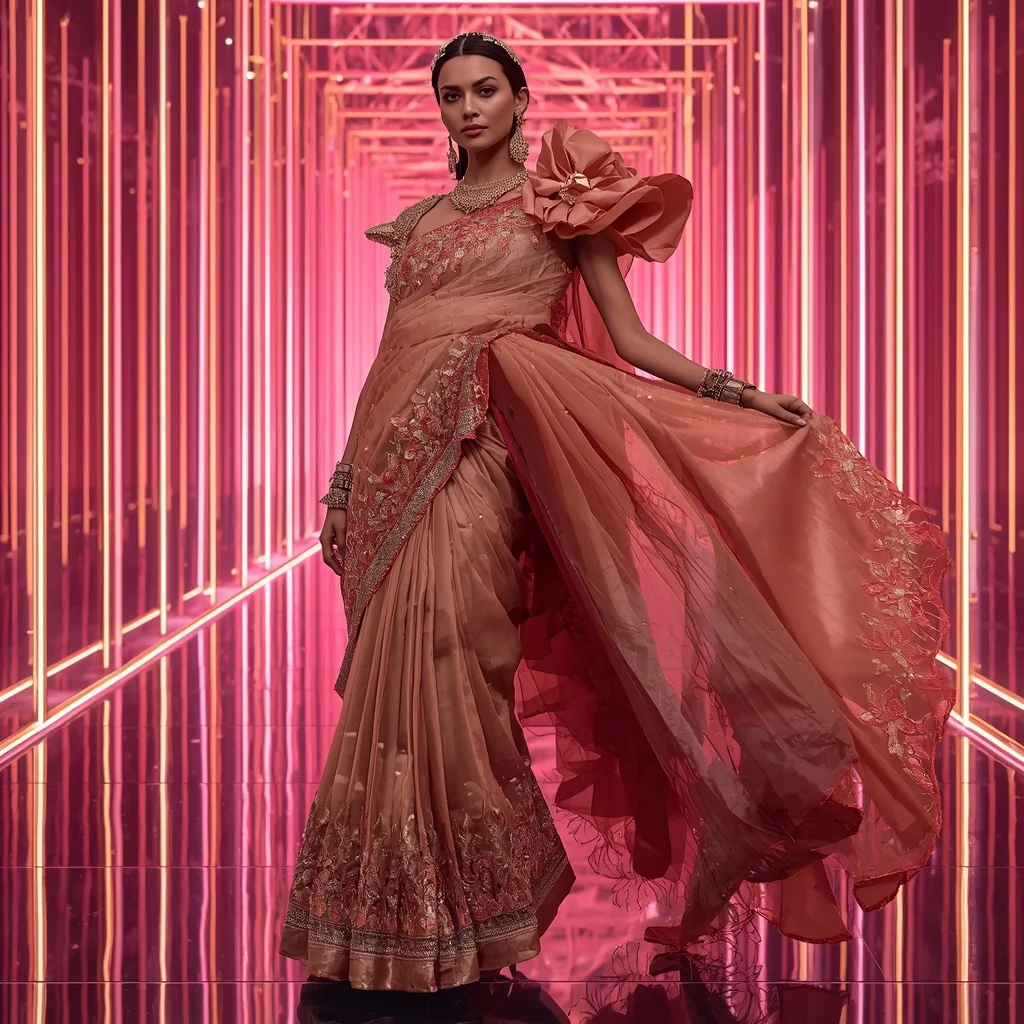 Champagne Aurora Flame Saree with Floating Laser Palace | Ai Art Prompt