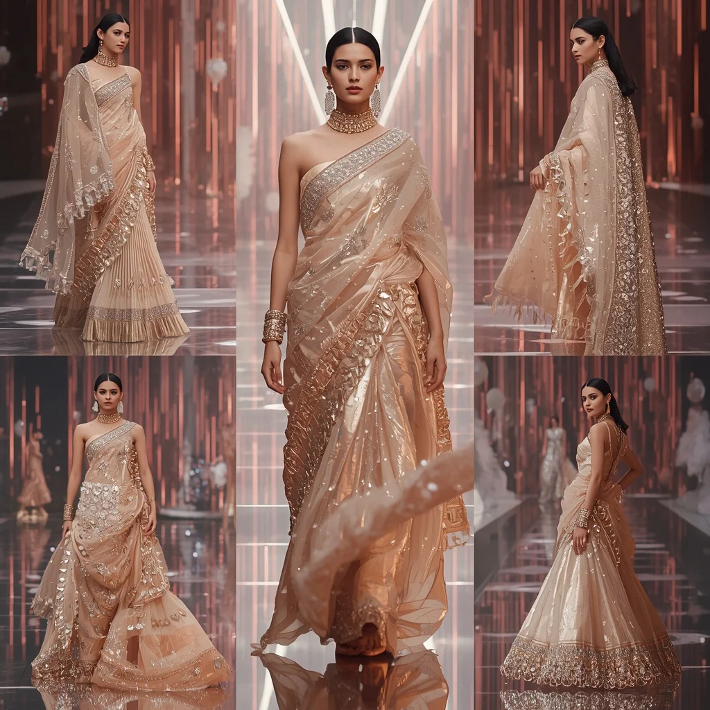 Champagne Aurora Mirage Saree with Floating Infinity Crystal Corridors | Image Prompt
