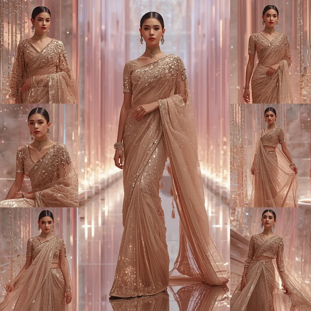Champagne Aurora Mirage Saree with Floating Infinity Crystal Galaxy Hall | Prompt Gemini