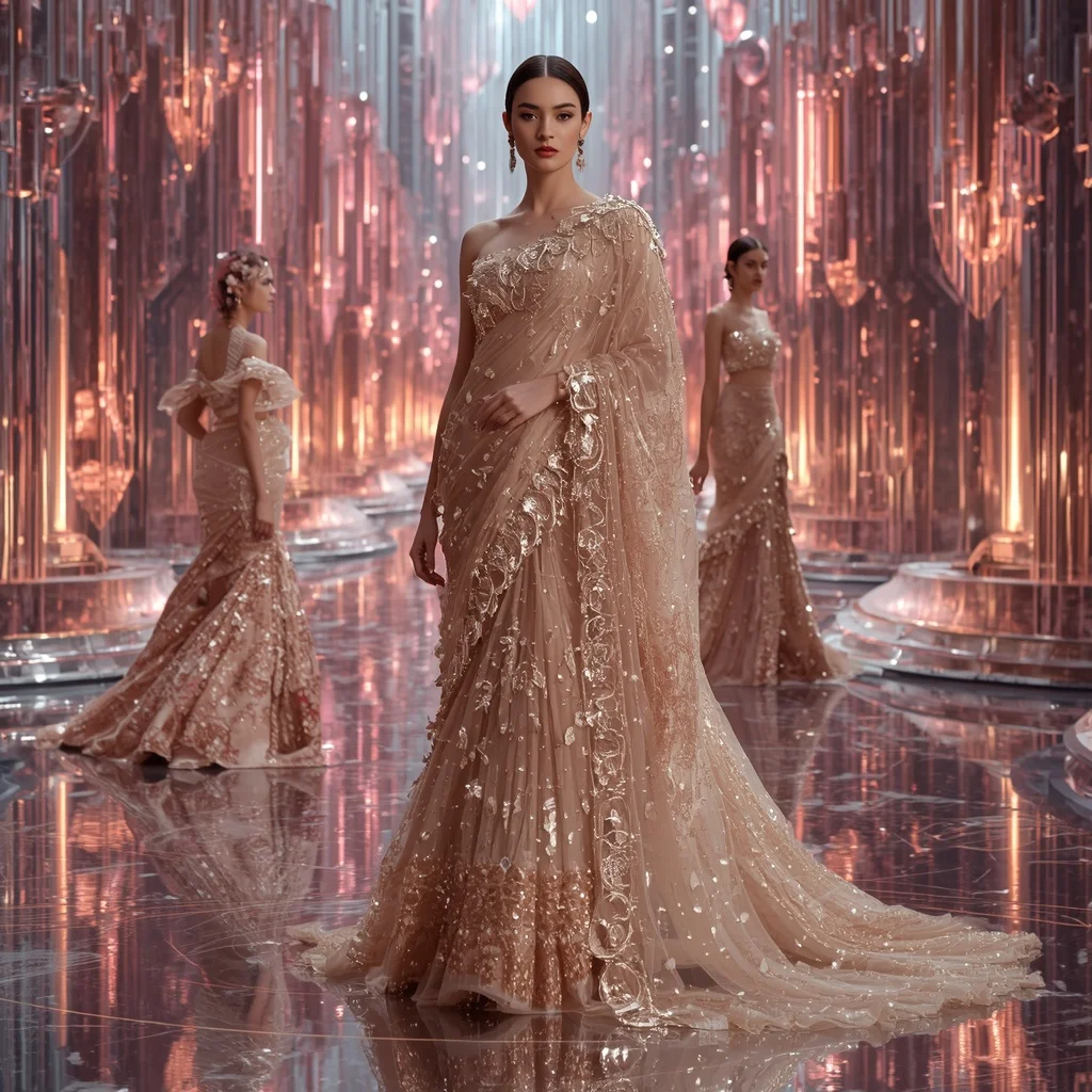 Champagne Aurora Mirage Saree with Floating Infinity Crystal Palace | Prompt Seen Trending Girl 2026 Instagram