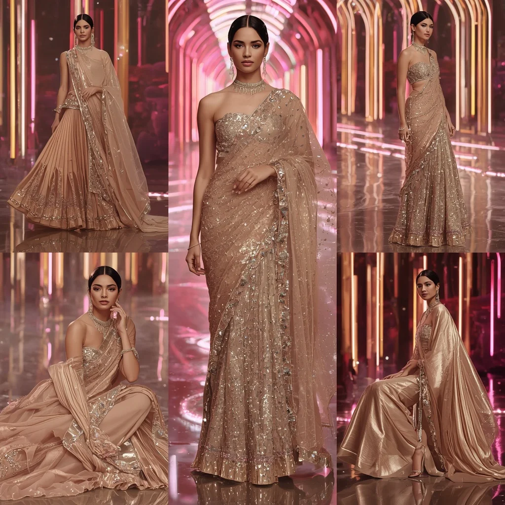 Champagne Aurora Mirage Saree with Floating Infinity Neon Crystal Rivers | Trending Prompt Girls