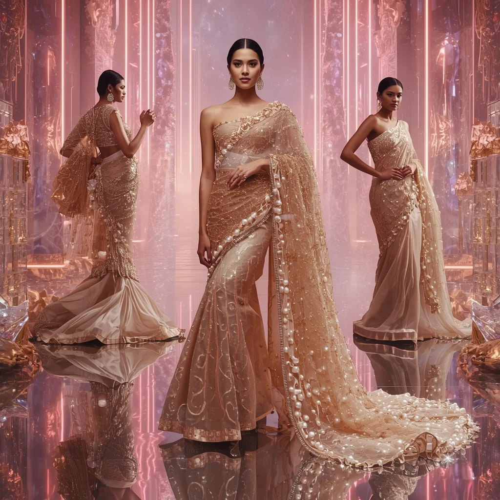 Champagne Aurora Mirage Saree with Floating Infinity Neon Crystal Rivers | Chatgpt Photo Editing Styles For Girl