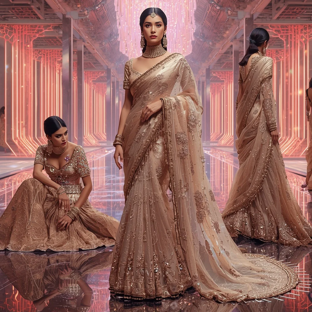 Champagne Aurora Mirage Saree with Floating Infinity Neon Crystal Waterfall Palace | Best Prompt For Traditional Look For Girl Chatgpt