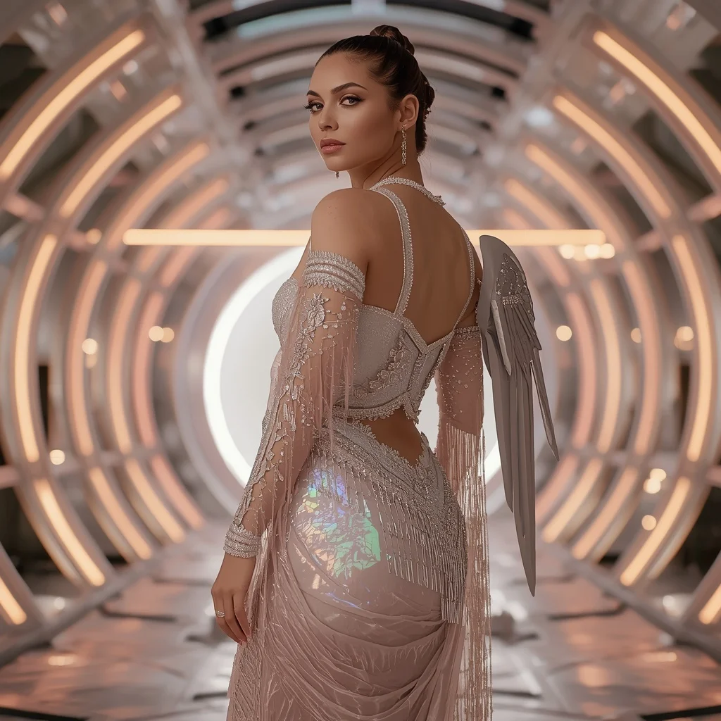 Champagne Aurora Prism Quantum Armor Saree with Floating Infinity Sphere Light Dome Nexus Core Reactor System | Girls Trending Prompt Gemini Instagram
