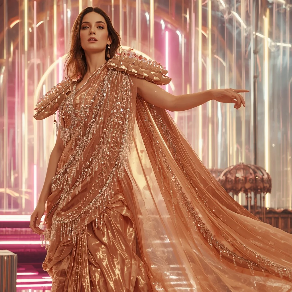 Champagne Crystal Aurora Saree with Floating Laser Dome | Prompt For Gemini Saree