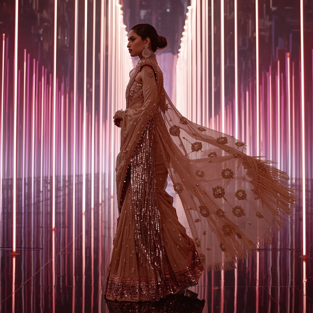 Champagne Crystal Aurora Saree with Floating Laser Infinity Cathedral | Girls Trending Prompt Gemini Instagram