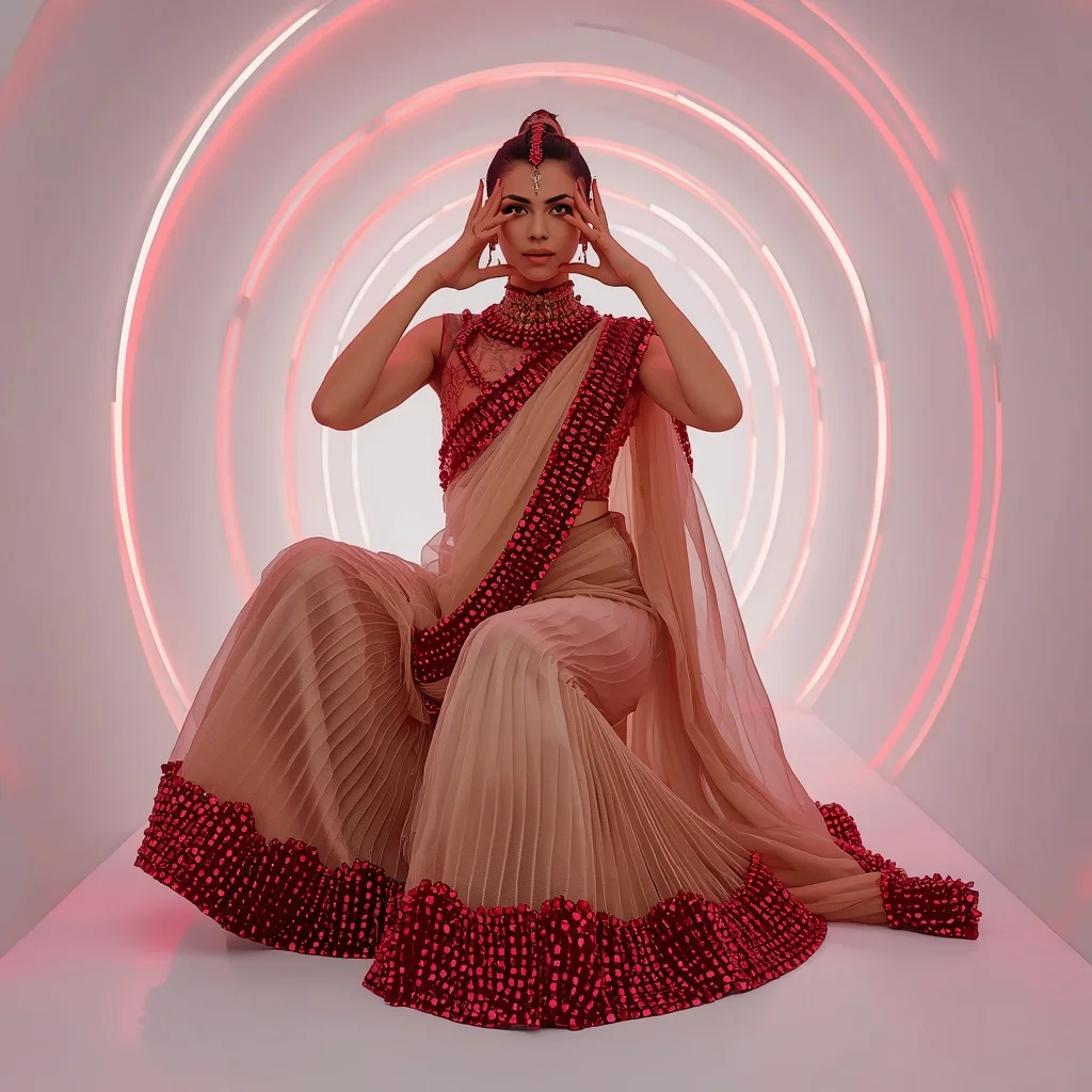 Champagne Mesh and Ruby Crystal Armor Saree with Ribbon Light Corridor | Style Ai Prompt