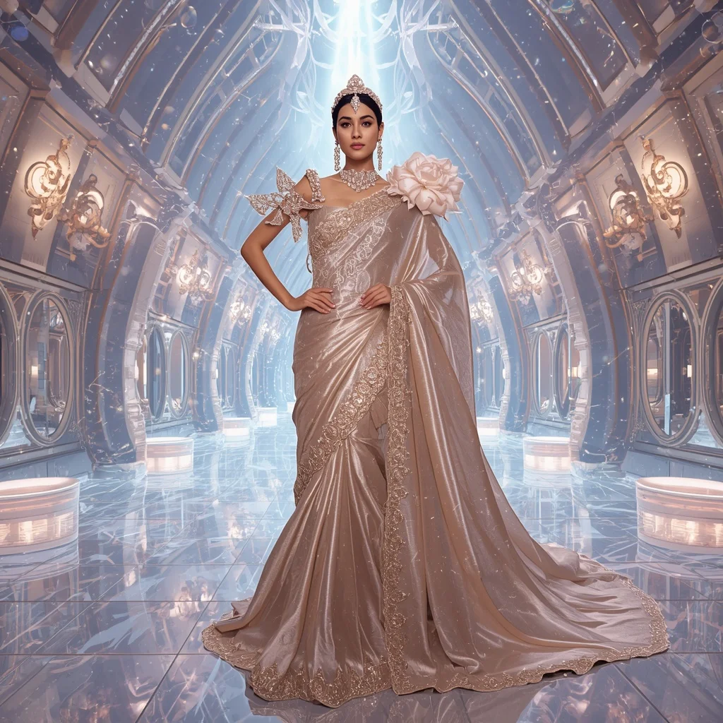 Champagne Nebula Opal Saree with Holo Ribbon Crown Aurora Palace | Ideogram Ai Prompt